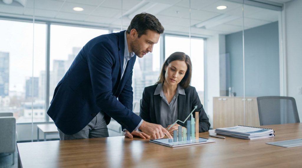 Un homme et une femme d'affaires analysent un graphique de croissance projeté sur une tablette dans un bureau moderne.