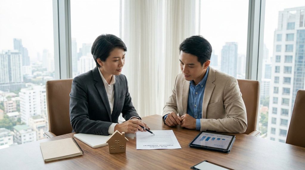 Une avocate conseille un client sur un contrat immobilier dans un bureau avec une vue sur la ville.