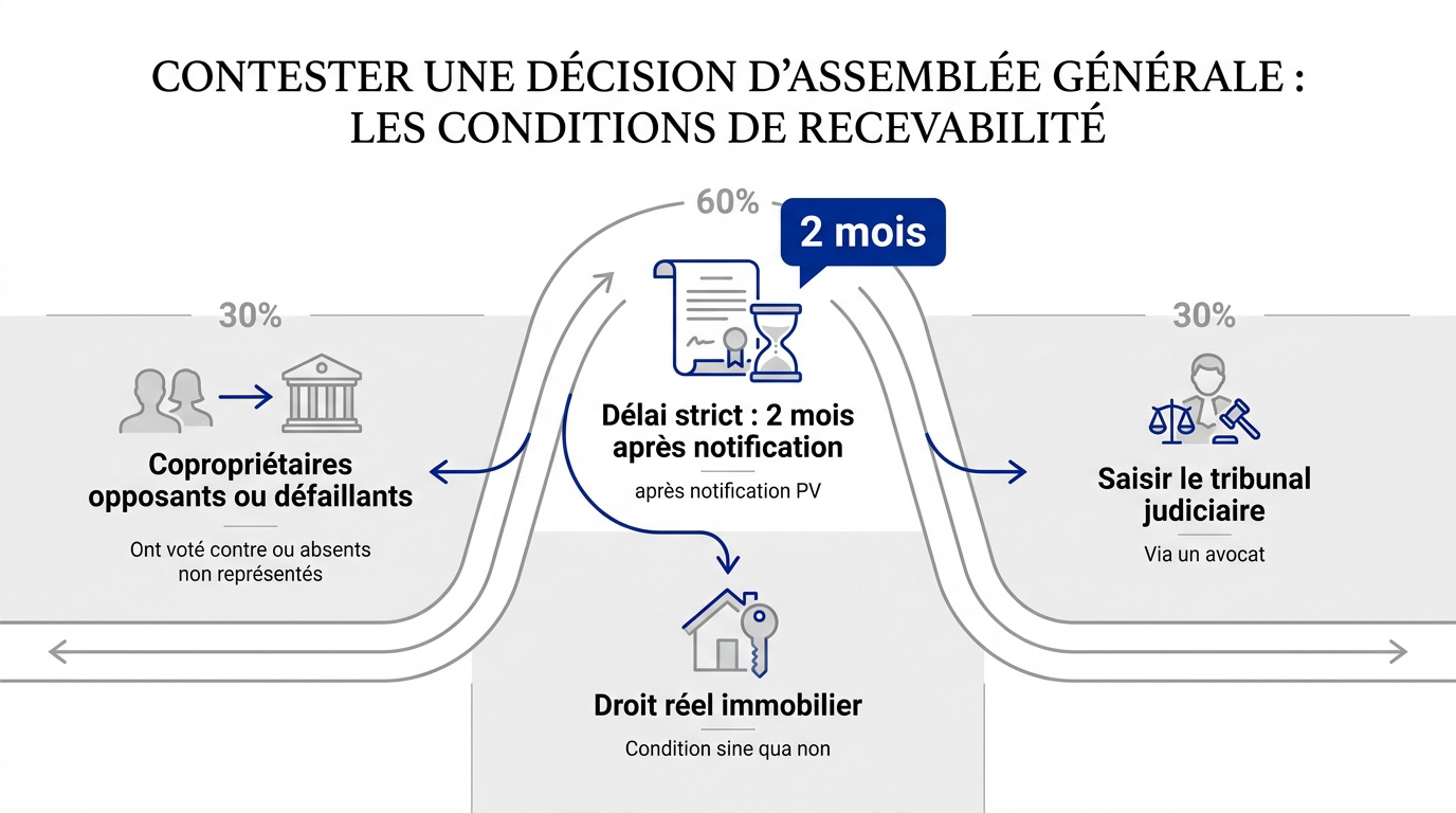 Conditions de recevabilité pour contester une décision d'assemblée générale de copropriété