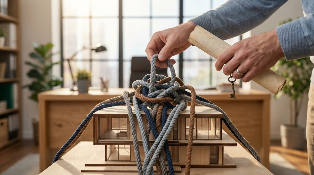 Une maquette de maison entravée par des cordes emmêlées, tenue par les mains d'une personne avec une clé ancienne.
