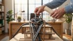 Une maquette de maison entravée par des cordes emmêlées, tenue par les mains d'une personne avec une clé ancienne.