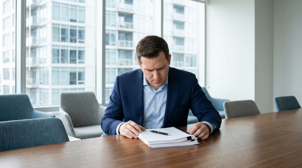 Un homme en costume assis seul à une table de conférence, examinant attentivement des documents juridiques.
