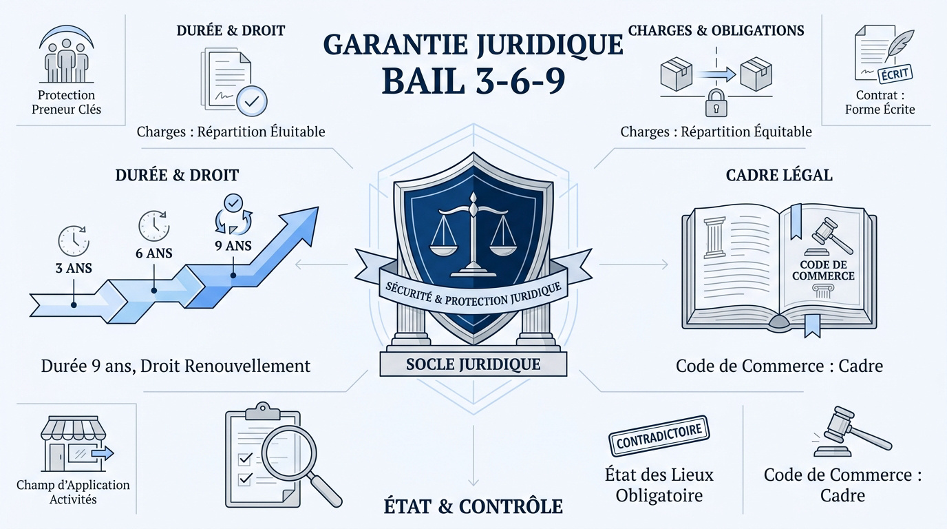 Infographie expliquant le fonctionnement du bail commercial 3-6-9 et ses piliers juridiques